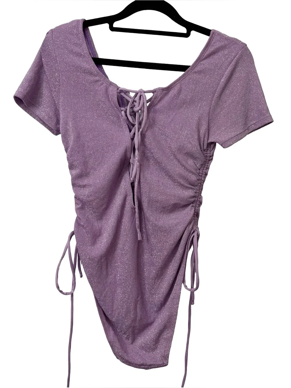 STEFANIA X BLACKMILK‎ SWIMWEAR PURPLE SHIMMERY LACED UP RUCHED SIDES SIZE SMALL